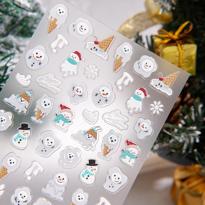 

Cyansea 5D Christmas Nail Stickers: Embossed Ice Cream Cone & Snowman Ornaments. Candy Snowman