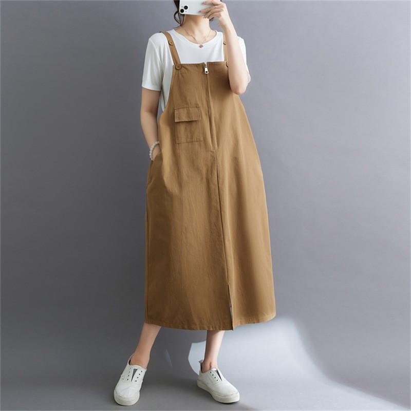 Johnature Rochie de vară japoneză coreeană retro lejeră ocazională cu bretele de culoare solidă toate se potrivesc cu buzunare simple rochii pentru femei