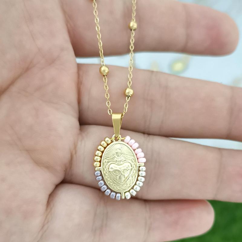 QMHJE Virgin Mary Pendant Charm Necklace Women Cross Scared Heart Jesus Choker Seed Beads Stainless Steel Chain Gold Color Mom