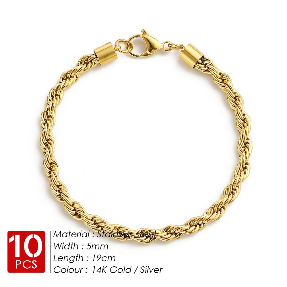 EMANCO 10PCS Wholesale 2/3/4/5MM Gold Color Twisted Rope Chain Bracelet, Stainless Steel Hip Hop Punk Fashion Jewelry for Women