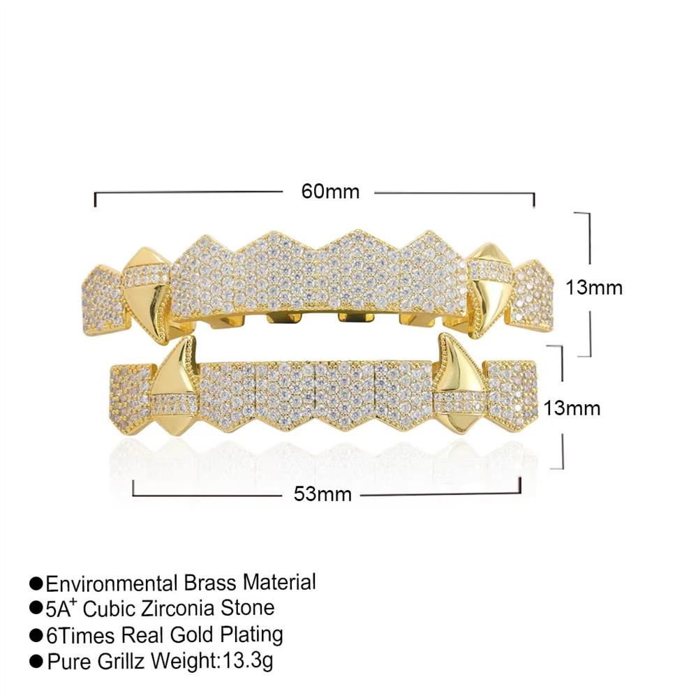 Halloween Vampire Fangs Hip Hop Jewelry 8 Teeth Top and Bottom Grillz Set Iced Out Gold Plated Diamond Grillz for Teeth