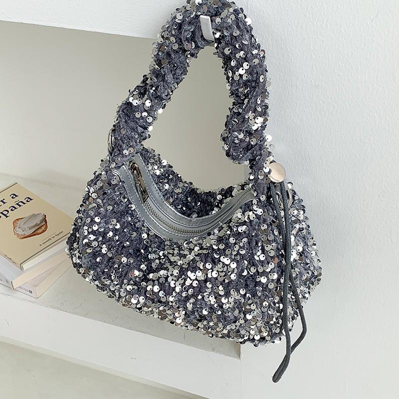 

Fashion Women s Bag Korean Pleated Cross-body Niche Style High-end Light Luxury Soft Hand Carried Sequined серебряный