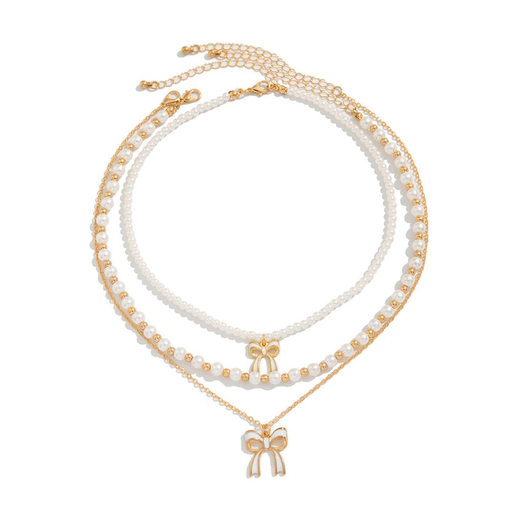 3Pcs/Set Imitation Pearl Sweet Romantic Necklace Bowknot Pendant for Women Chain Bridal Jewelry Gift