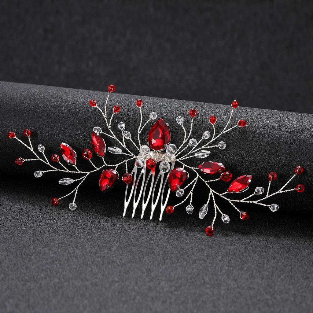 Wedding Hair Combs Hair Accessories Red Color Rhinestone Hairpins Clips Silver Color Metal Headpieces for Bride Novia Jewelry