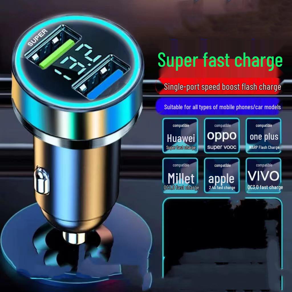 66W Fast Charging Car Charger with Digital Display and Metal Ring