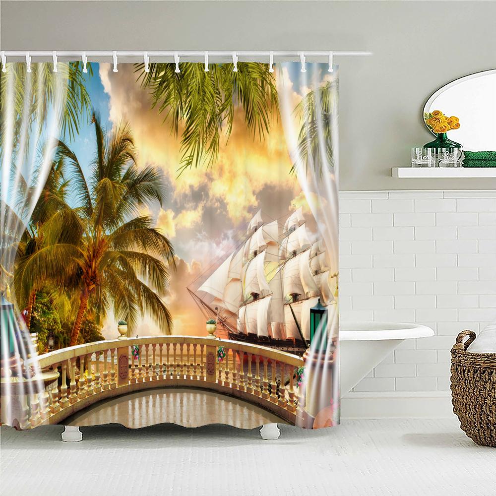Outside the Window Seaside Scenic Beach Shower Curtains Bathroom Curtain Frabic Waterproof Bath Curtains for Bathroom 180x180cm