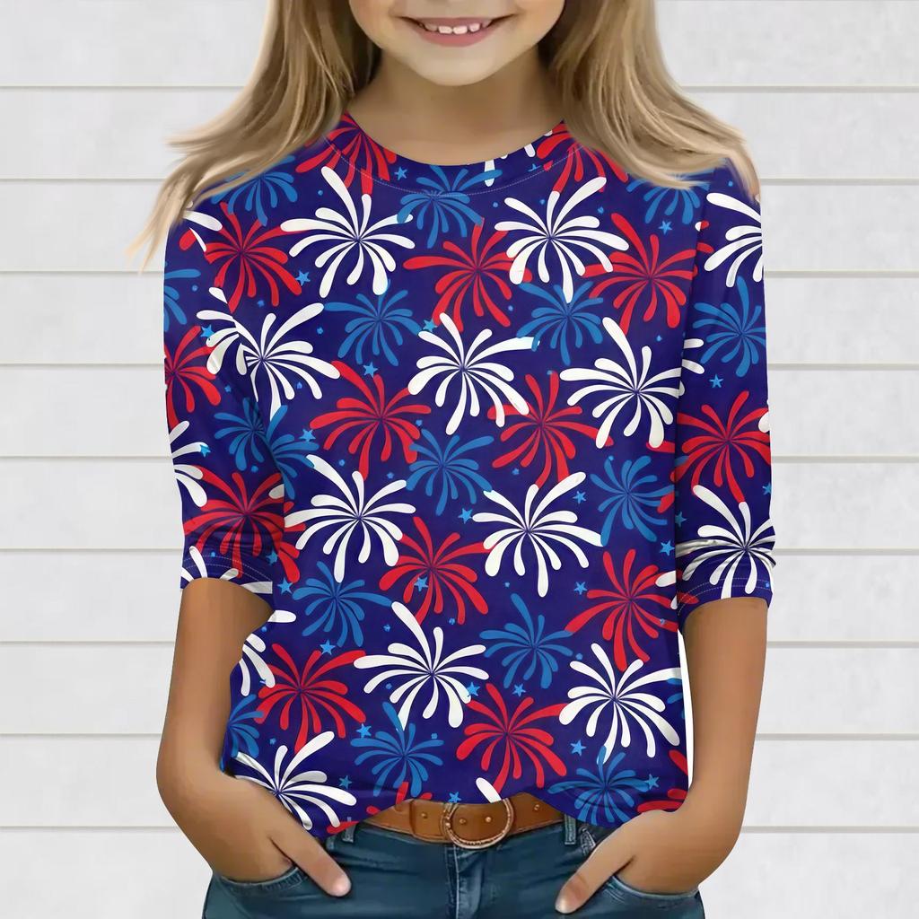 Print Tops For Youth Girls 3-10 Years Round Neck 3/4 Sleeves T-Shirts Trendy Tops Outfit Tees
