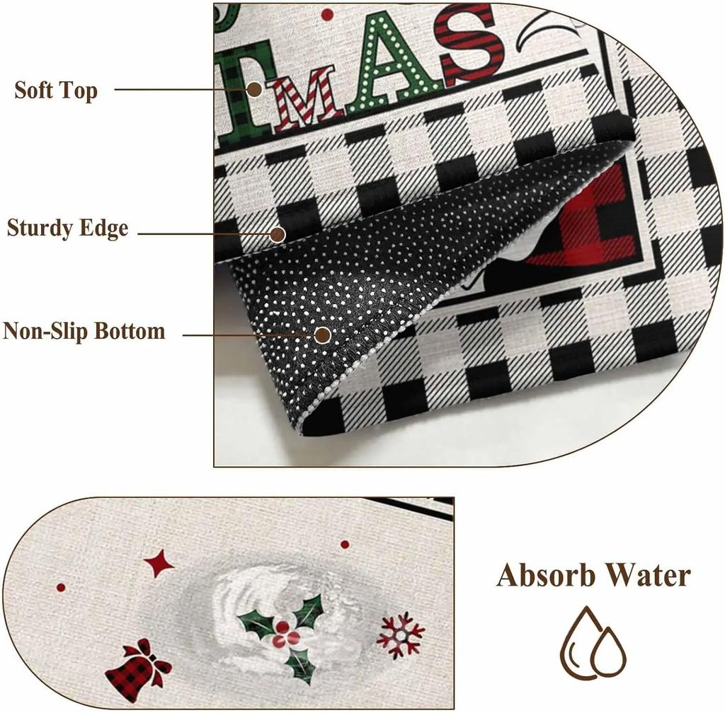 Merry Christmas Indoor Door Mat Gnome Xmas Tree Snowflake Red Black Plaid Front Door Mat Non Slip Washable Entryway Rug