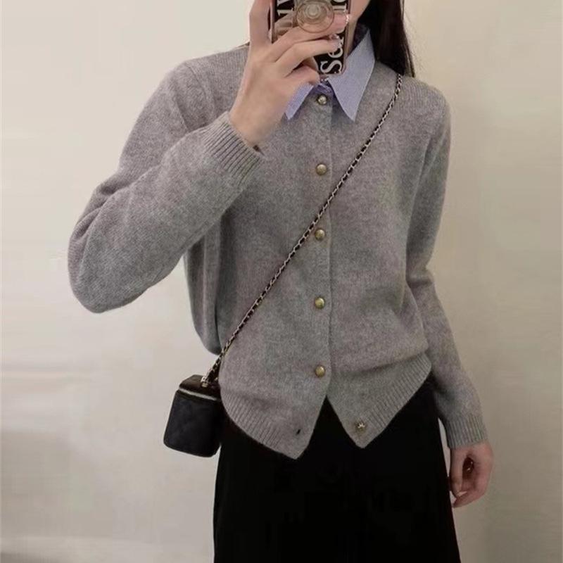Spring Models False Two-piece Knitted Cardigan Sweater Female Temperament Commuter Spell Shirt Collar Single-breasted Cardigan Female