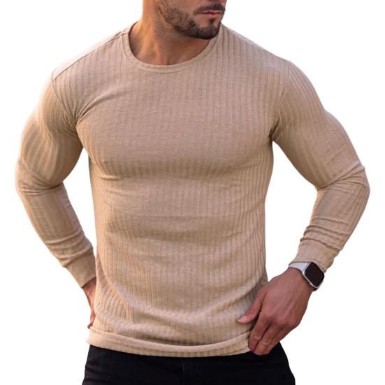Men T-shirt Solid Color Long Sleeve Round Neck Slim Fit Pullover Warm Casual Breathable Men Spring Top for Daily Wear