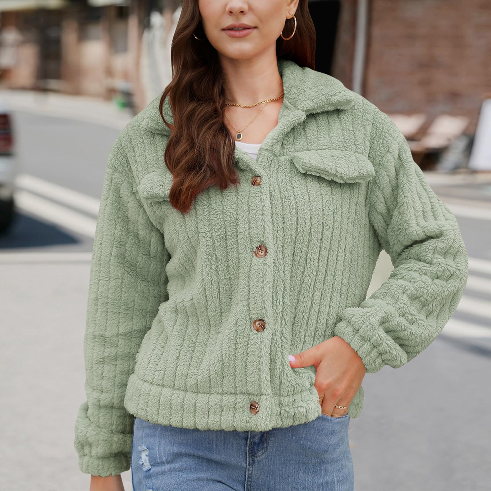 

Женская мода повседневная плюшевая кардиган с длинными рукавами и лацканами короткое пальто L зелёный