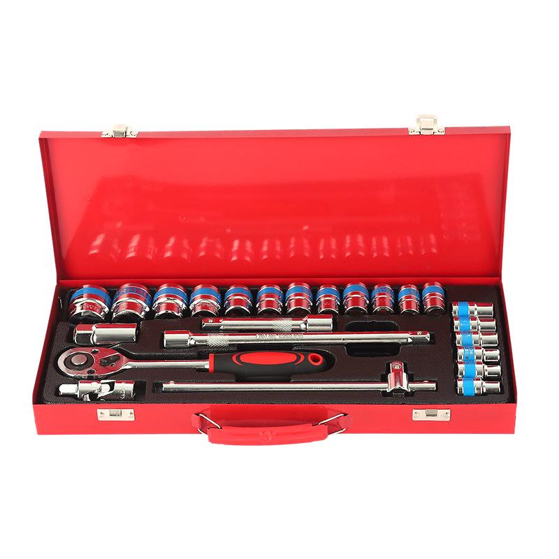 24-Piece Auto Repair Tool Set: Chrome Vanadium Steel with Quick Ratchet Wrench & Bright Handle in Iron Box