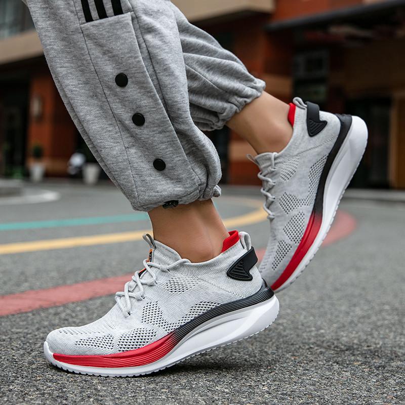 Trendy Grey Light Casual Sneakers Men Shoes Comfortable Socks Running Shoes Low Cut Breathable Mesh Large Size 46 Man Sneakers
