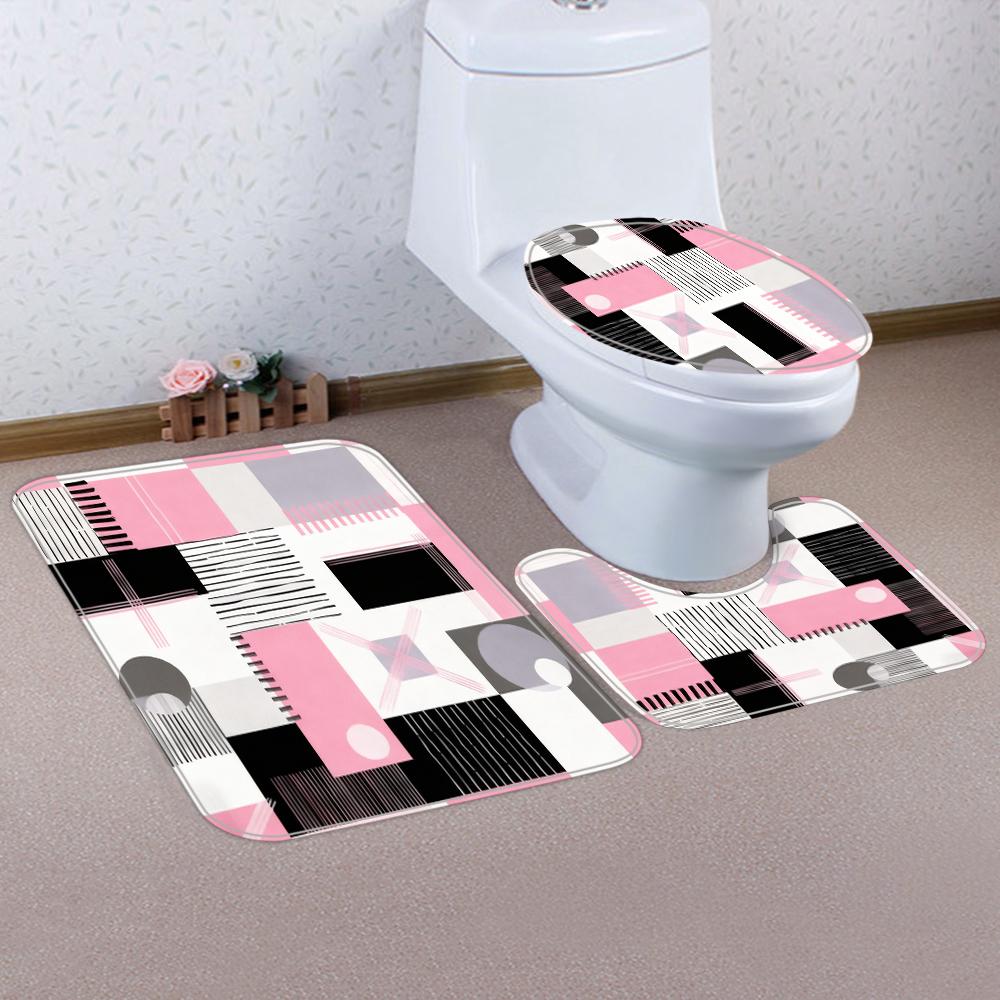 1/4 Geometric grid  print shower Curtains, Toilet Seat Decoration, Shower Curtain with Carpet and Toilet Lid, 70.8x70.8 inch