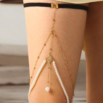 Sexy Beachs Cadena de Muslo de Perla Imitación Femenina Geométrica con Borla Cadena Corporal de Pedrería Cadena Metálica Anillo de Pierna Femenino