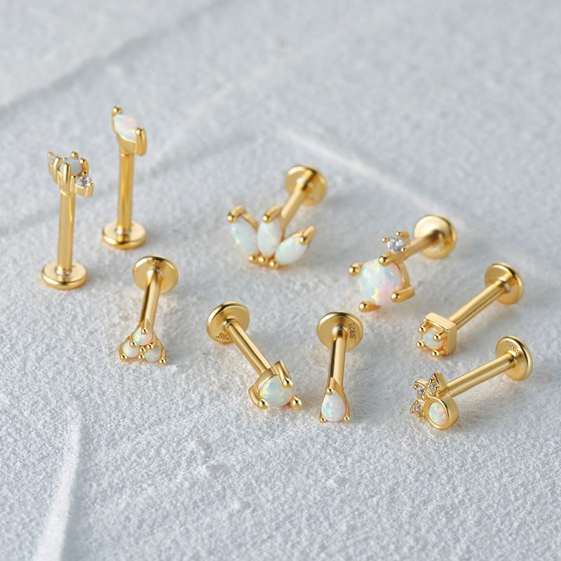 Pure Silver 925 Opal Flat Head Piercing Jewelry Classy Perforated Threaded Ear Bone Nail Ears