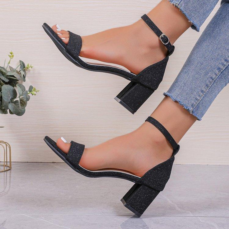 

2025 новые женские босоножки на высоком каблуке с открытым носком и круглой головкой, большого размера, с пряжкой в виде одного слова 35 чёрный
