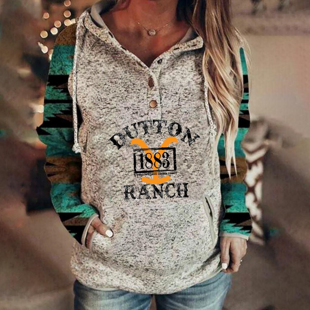 Bedruckter YellowStone 1883-Kapuzenpullover mit Stehkragen und langen Ärmeln für Damen