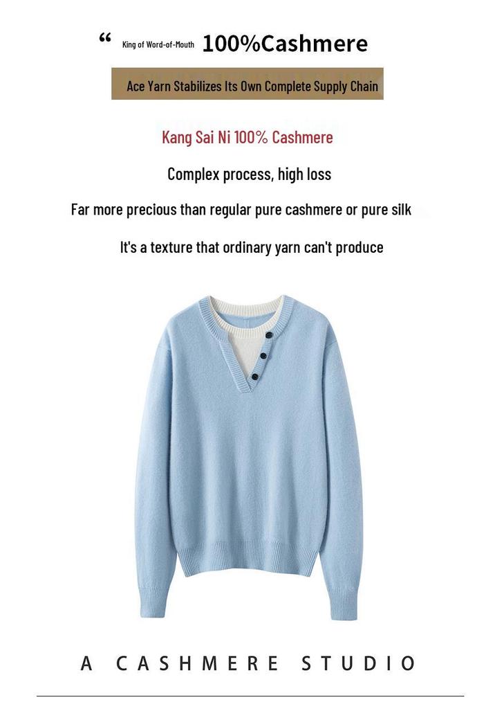 Kang Sai Ni Women's 100% Cashmere Two-Piece Style Sweater - Versatile, Fashionable, Loose Fit Knitwear
