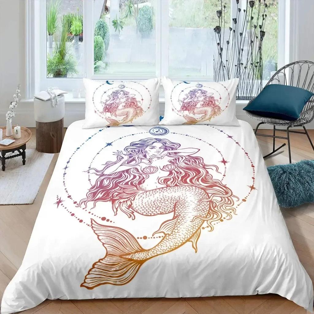 Rainbow Cartoon Cat Colorful Mermaid Comfortable Duvet Cover Pillowcase Bedding Set Children Bedroom Decoration Home Textile