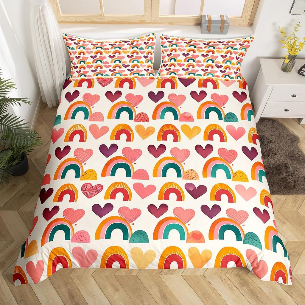 Rainbow Love Heart Duvet Cover For Kids Boys Girls Queen Size Lightweight Quilt Covers Colorful Love Hearts Bedding Set No Quilt