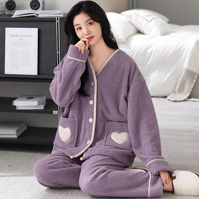 Half Fleece Pajamas Women'S Autumn And Winter Fleece Thickened Coral Fleece Long-Sleeved Loungewear Soft Cotton Set