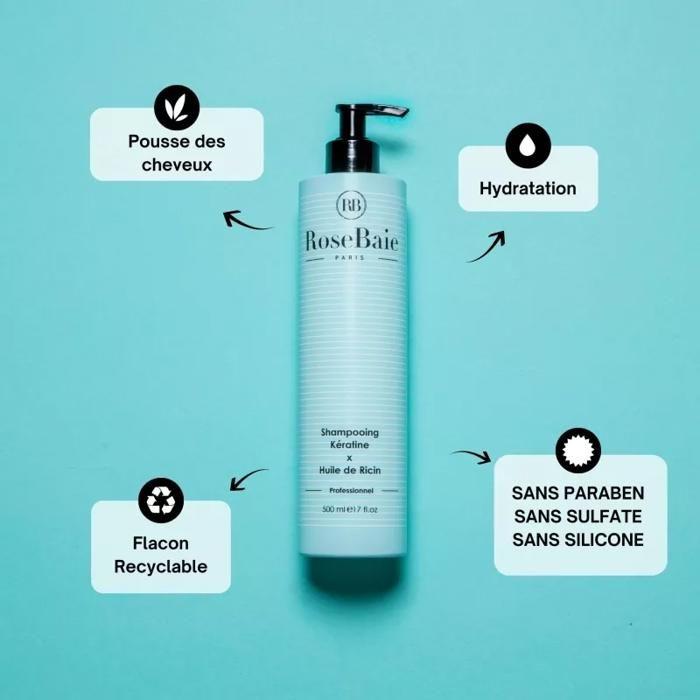 Shampoing - RoseBaie - Kératine et Huile de Ricin - 500 ml - Sans sulfate - Hydratant