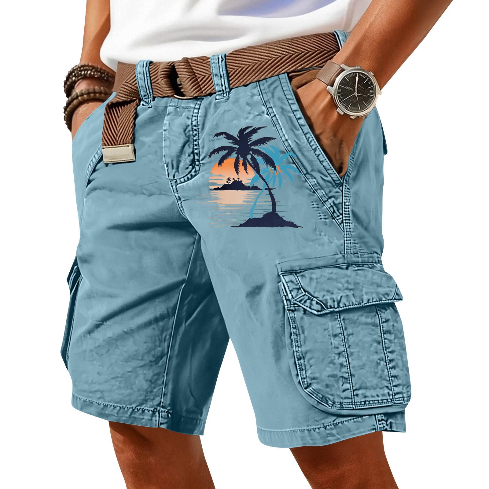 

Mens Relaxed Fit Cargo Shorts with Belt and Tropical Print Casual Multi Pocket Knee Length Shorts L