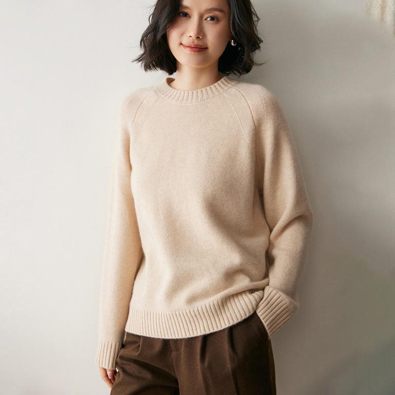 Women's Cozy Raglan Cashmere Sweater - Thick, Loose Knit, Round Neck Base Layer for Autumn and Winter