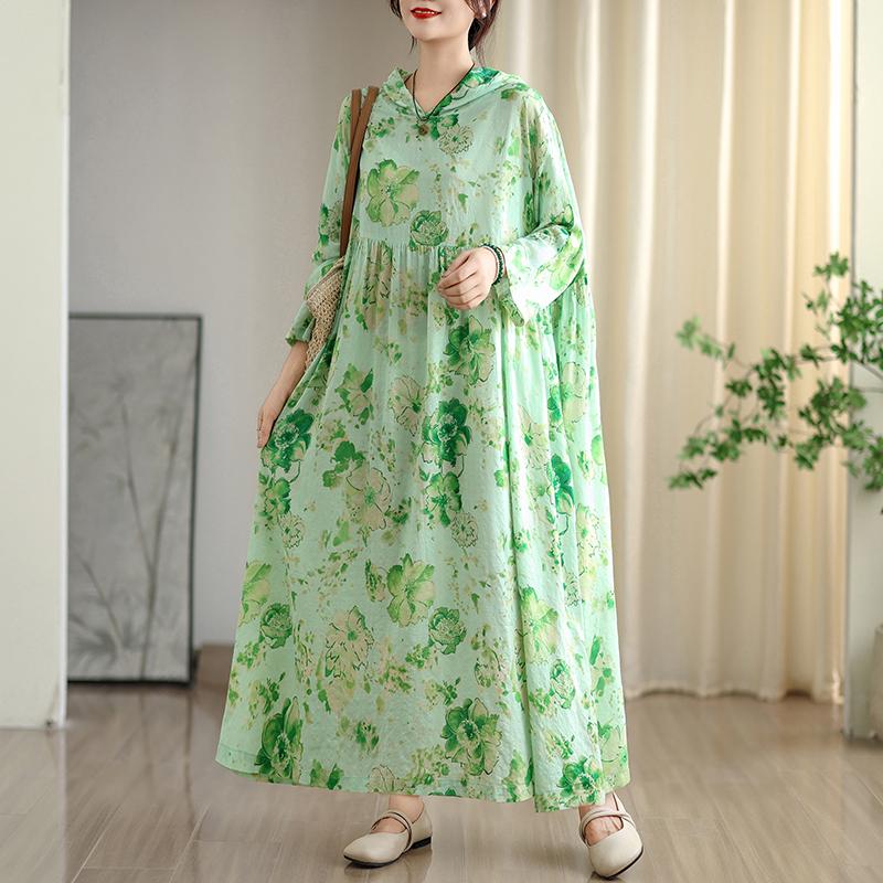 DIMANAF 2025 Damen Übergröße Langes Hutkleid Lockerer O-Ausschnitt Druck Lässig Floral Übergröße Langarm Maxi 8109