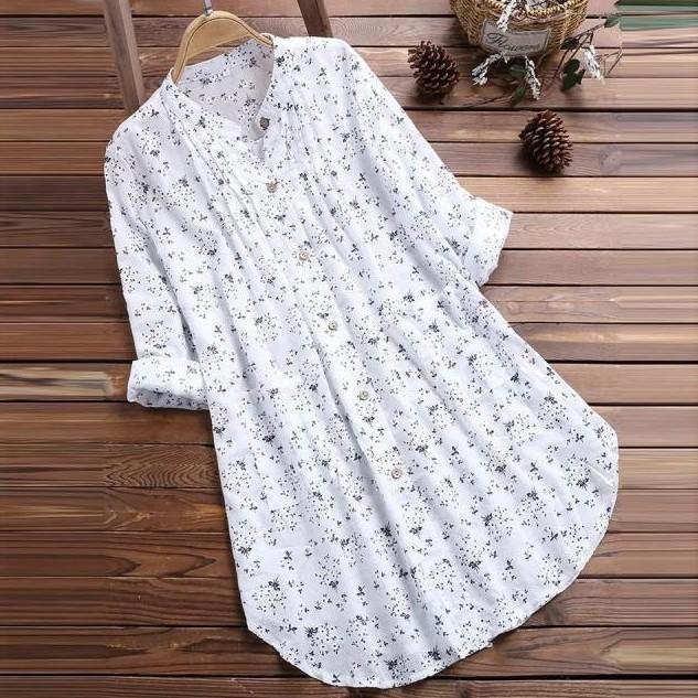 QICED Autumn Women's Shirt V-neck Pleated Floral Print Long-sleeved Casual Top Shirt