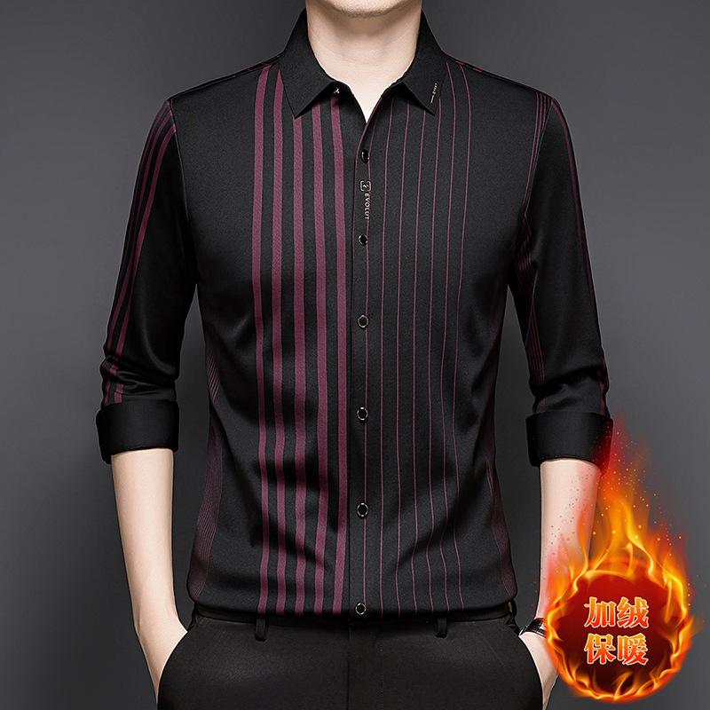 Striped Shirt Winter Middle-Aged & Young Lapel Collar Casual M красный