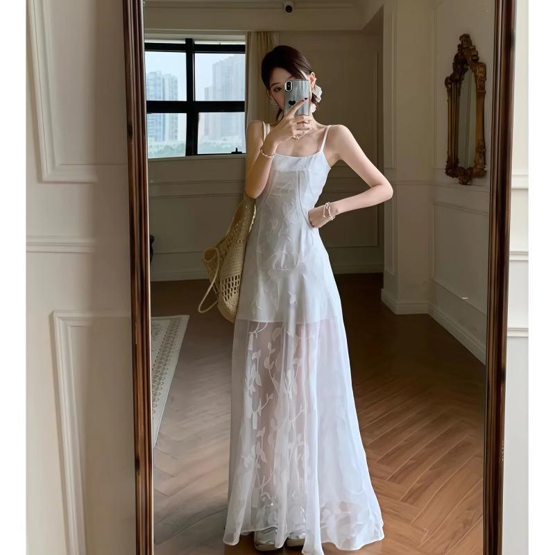 Seaside Resort Floral Print Camisole Dress: Elegant Waist-Cinching Summer Long Dress for Women