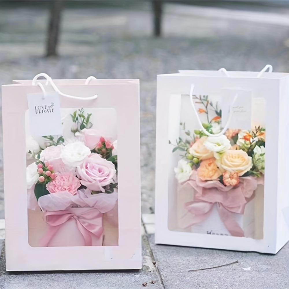 8pcs Gift Bags with Transparent Window Handles White/ Pink Gift Wrap Tote Bags for Birthday Party Favor Bags Weddings Present Festivals Party