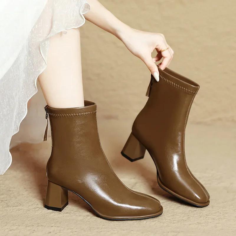 Fashion Autumn and Winter New Mid-leg Fashion Boots Square Head Thick Heel Thin Boots Brown French Ankle Boots