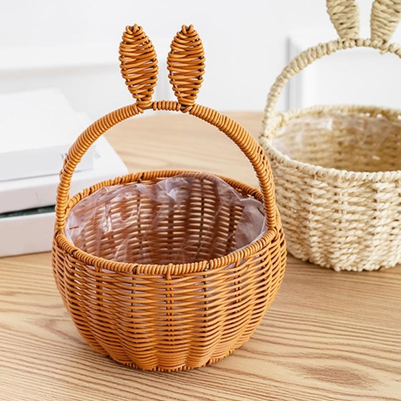 Durable Handmade Basket In Neutral Tone With Fun Rabbits Ear Detail Perfect For Fashion Home Decorations