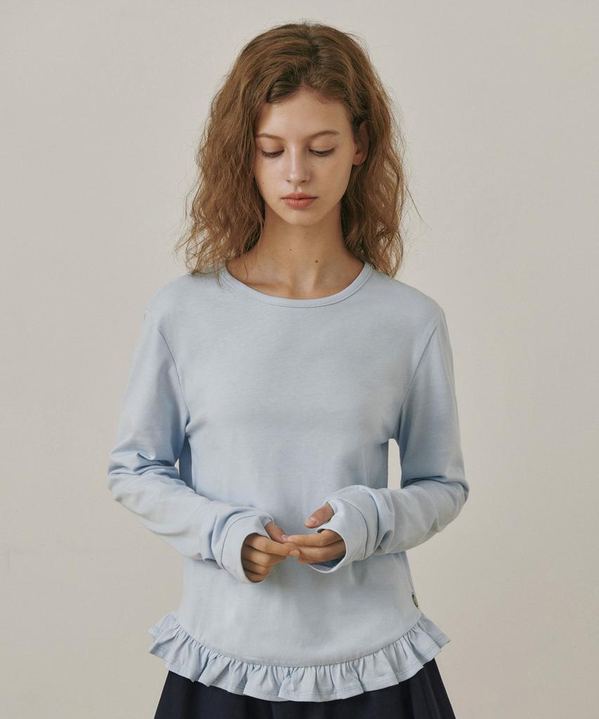 BELLOL Ruffle Soft Round Neck T-Shirt Skyblue