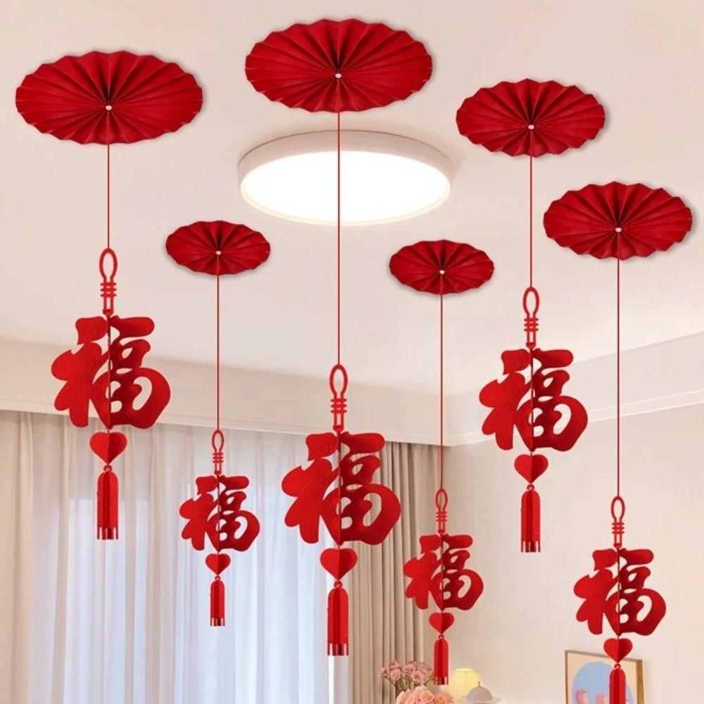 12pcs FU Character New Year Pendant Paper Craft Red Color Ceiling Hanging Ornament Background Decor DIY Hanging Decor