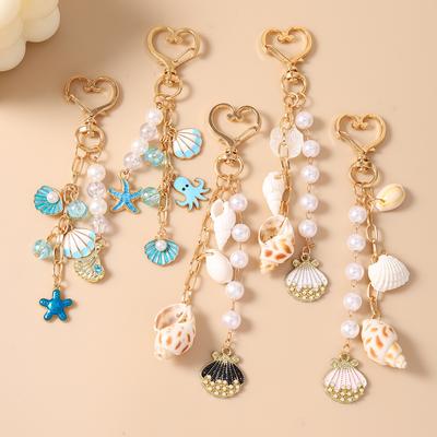 Fashion Summer Beach Shell Conch Keychain Pearl Beaded Key Ring Pendant for Women Girls Handbag Decor DIY Handmade Jewelry Gift