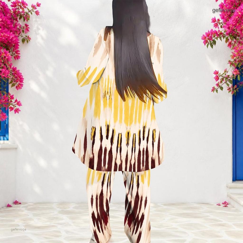 Women Plus Size Round Neck Long Sleeve Printed Layered Top Wide Leg Pants Two Piece Set
