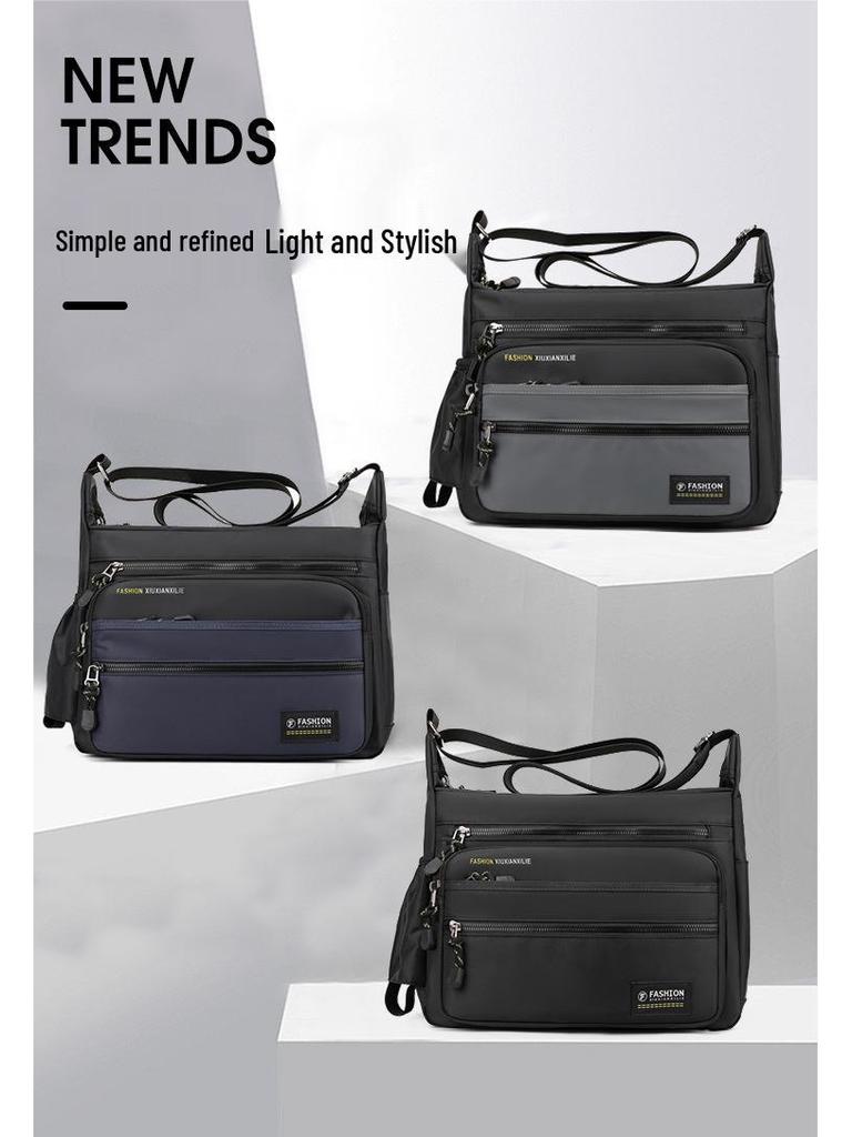 Korean Style Men's Oxford Cloth Shoulder Bag - Large Capacity, Five-Layer Zipper, Crossbody Backpack