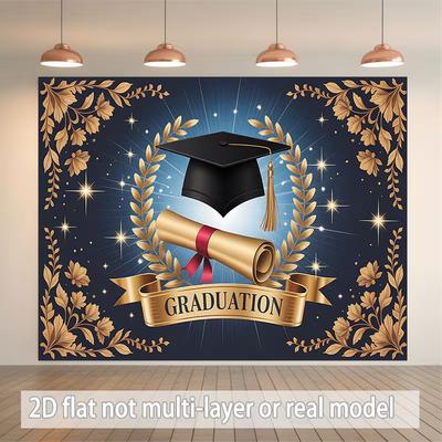 Elegant Graduation Backdrop, Regal Blue and Gold Design with Cap, Diploma and Laurels, Festive Commencement Wall Decor