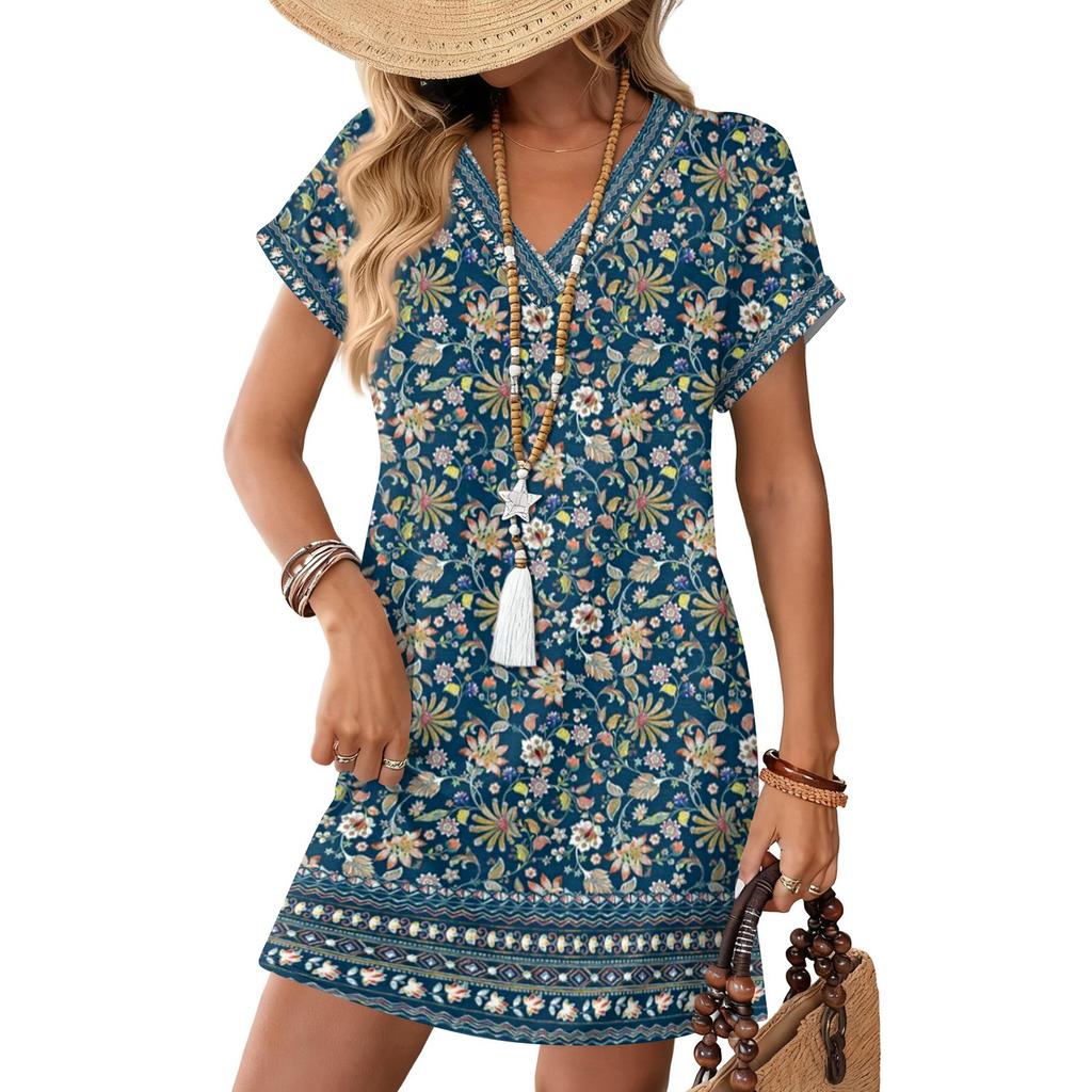Women's Fashion Print V-Neck Short Sleeve Pocket Casual Pullover Dress