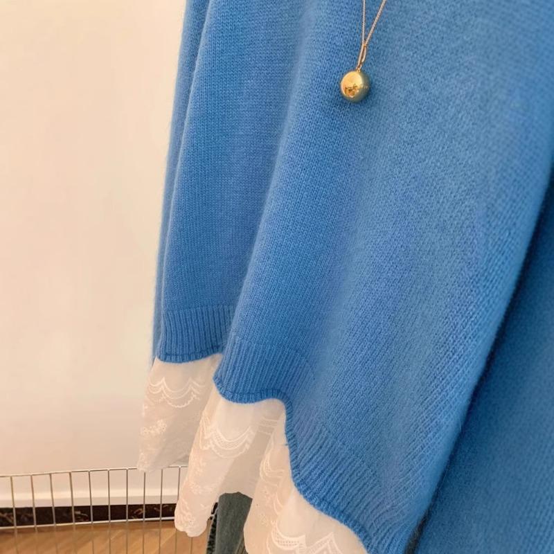 New Fake Two-piece Lace Splicing Loose Outer Pullover Sweater for Women Autumn Winter