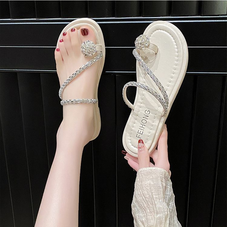 Popular Set of Toe Sandals for Women In Summer 2025, New Korean Version Flat-bottomed Outer Wear, One-word Rhinestone Round Head Slippers for Women
