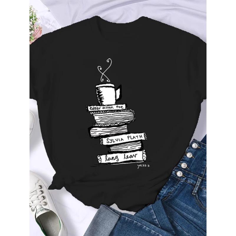 Woman Plus Size Round Neck Half Sleeve T-shirt Printed T-shirt Top New T Shirt Coffee Books Brown Books American Retro T-shirt