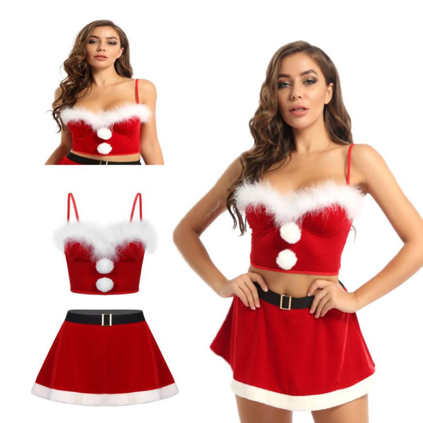 

Женский рождественский комплект из двух частей: кроп-топ на косточках с отделкой из искусственного меха и расклешенная мини-юбка. Косплей рождественское платье. 2XL