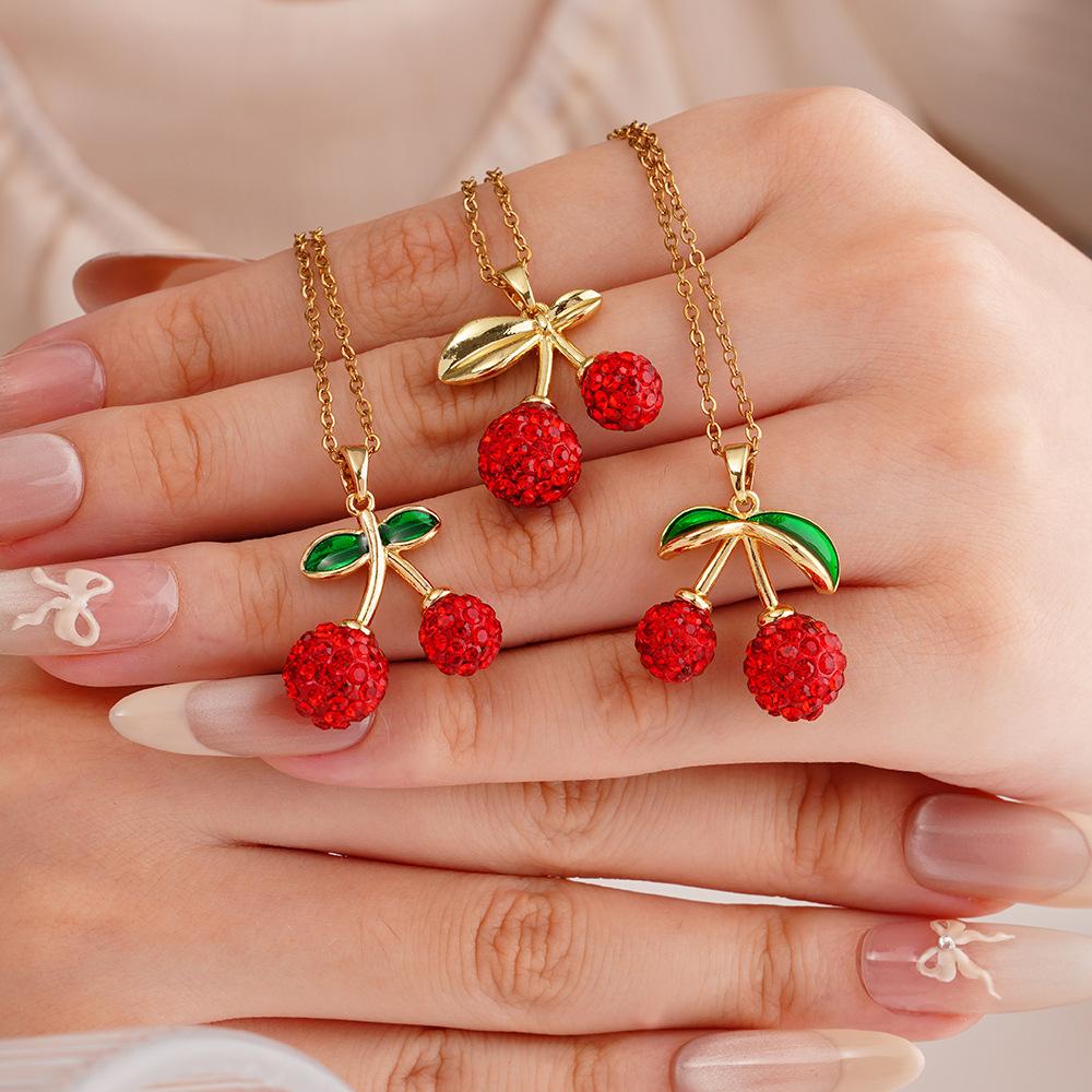 Trendy Red Zircon 3D Cherry Pendant Necklace for Women Girls Gold Color Stainless Steel Chain Cute Y2K Jewelry Gifts for Friend