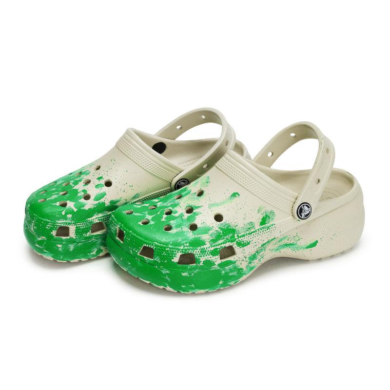 Crocs Classic Platform Clog 811 Manufacturing Spreading Scene Fluid Ink Splash Hole Shoes Women's Bone White Green