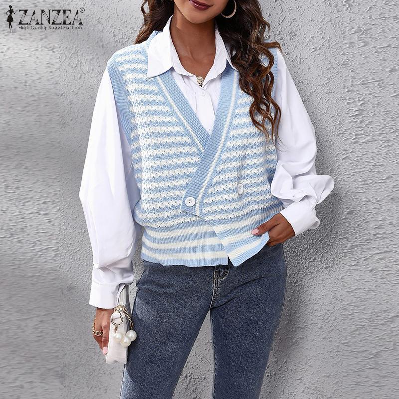 ZANZEA Women V Neck Sleeveless Stitching Striped Cropped Knitted Sweater Vest Waistcoat